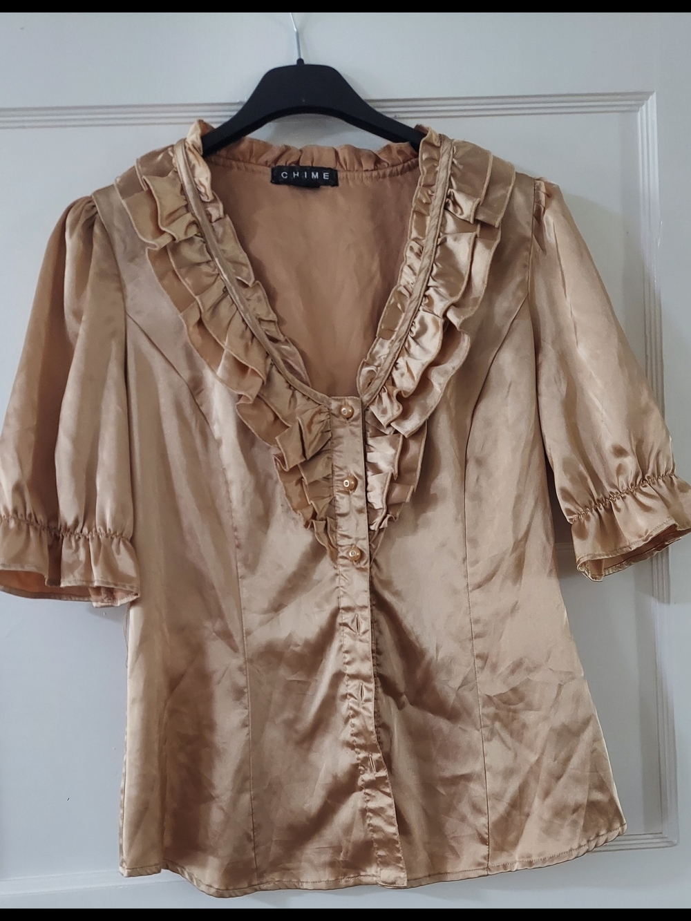 Chime Women's Gold Ruffle Satin Blouse